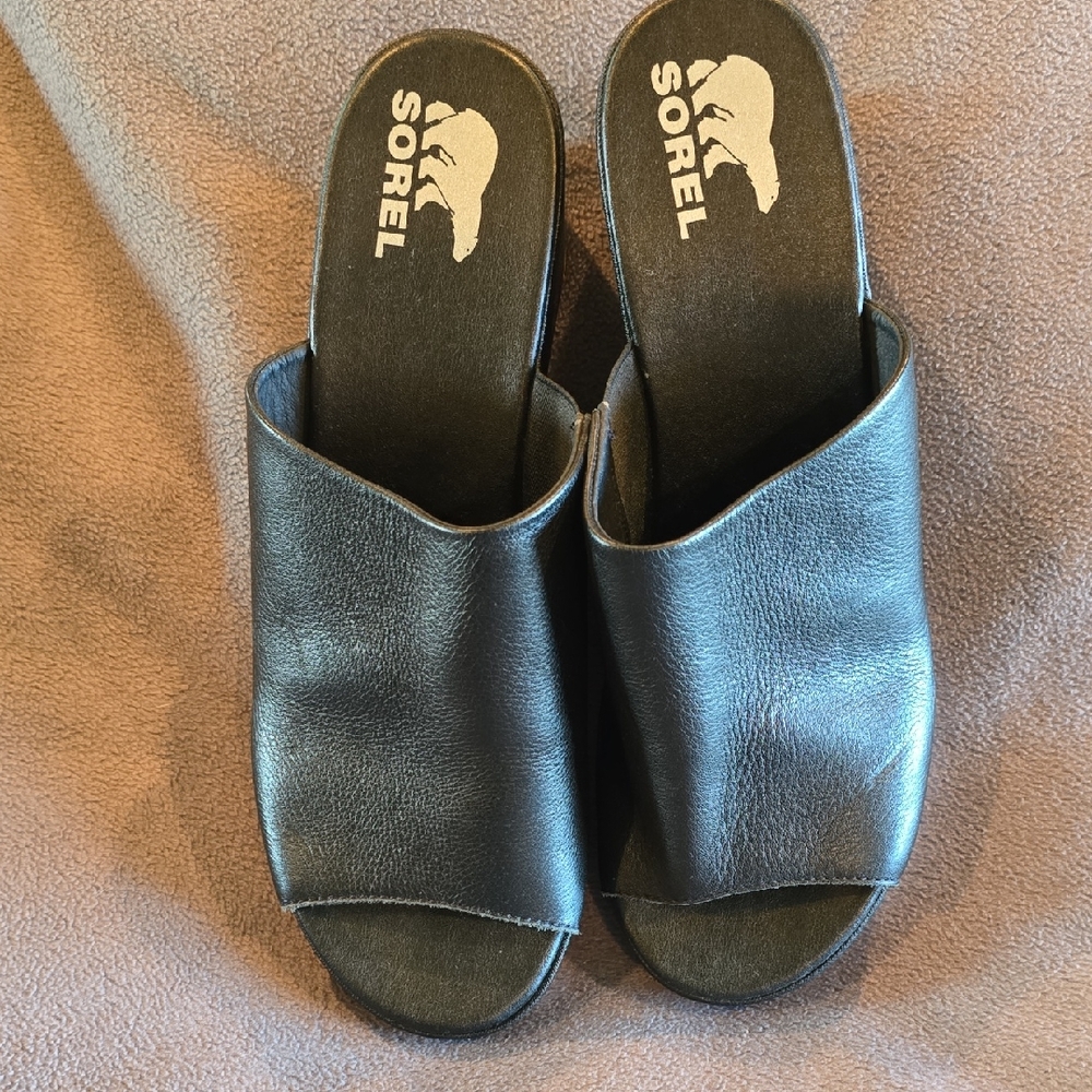 Sorel Black Leather Open-Toe Slide Mules